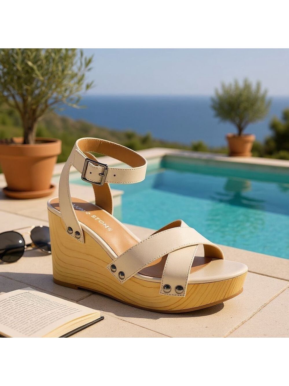 Women Cream Bone Beige Cognac Ankle Strap Classic Wooden Wedge Sandals SZ 9.5 M